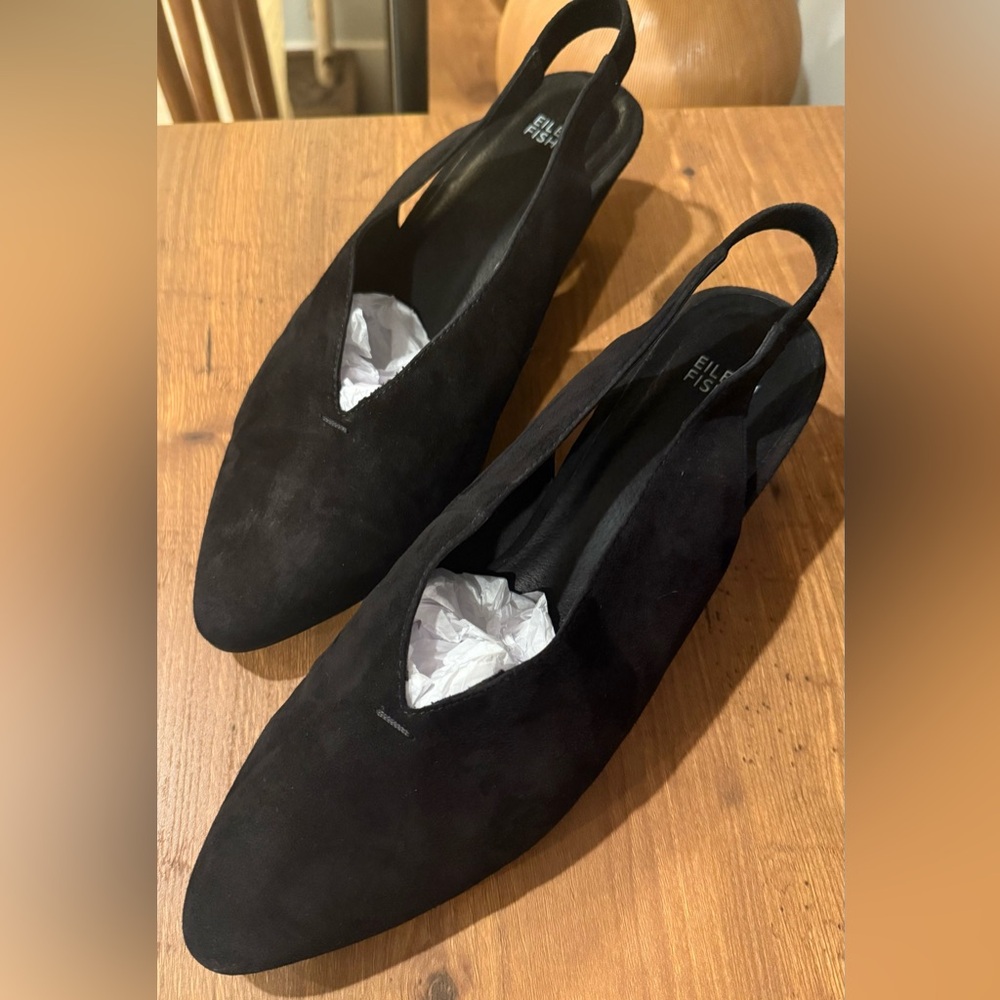 Eileen Fisher Gatwick Suede Slingback Black Heels Suede Sandals Shoes 11
